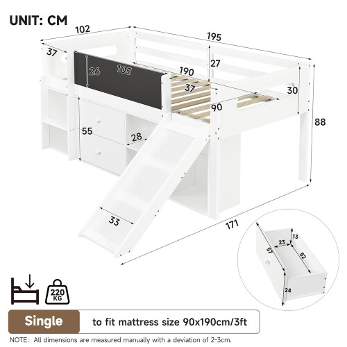 White Single Loft Bed with Slide & Chalkboard 1