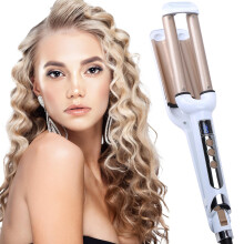 Hair Crimper and Waver, 3 Barrel Ceramic Curling Iron 0.6in with Adjustable Temperature, Champagne