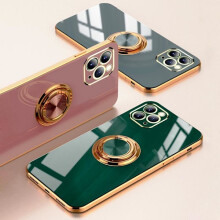 Capa luxuosa e elegante 'compatível com iPhone 13 Pro Max' com função de suporte de anel, nas cores dourada e verde.