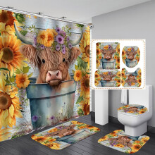 Ensemble de rideau de douche MarinaVida 4 pièces, motif vache des Highlands, avec tapis antidérapant, housse et tapis de toilette, 12 crochets,