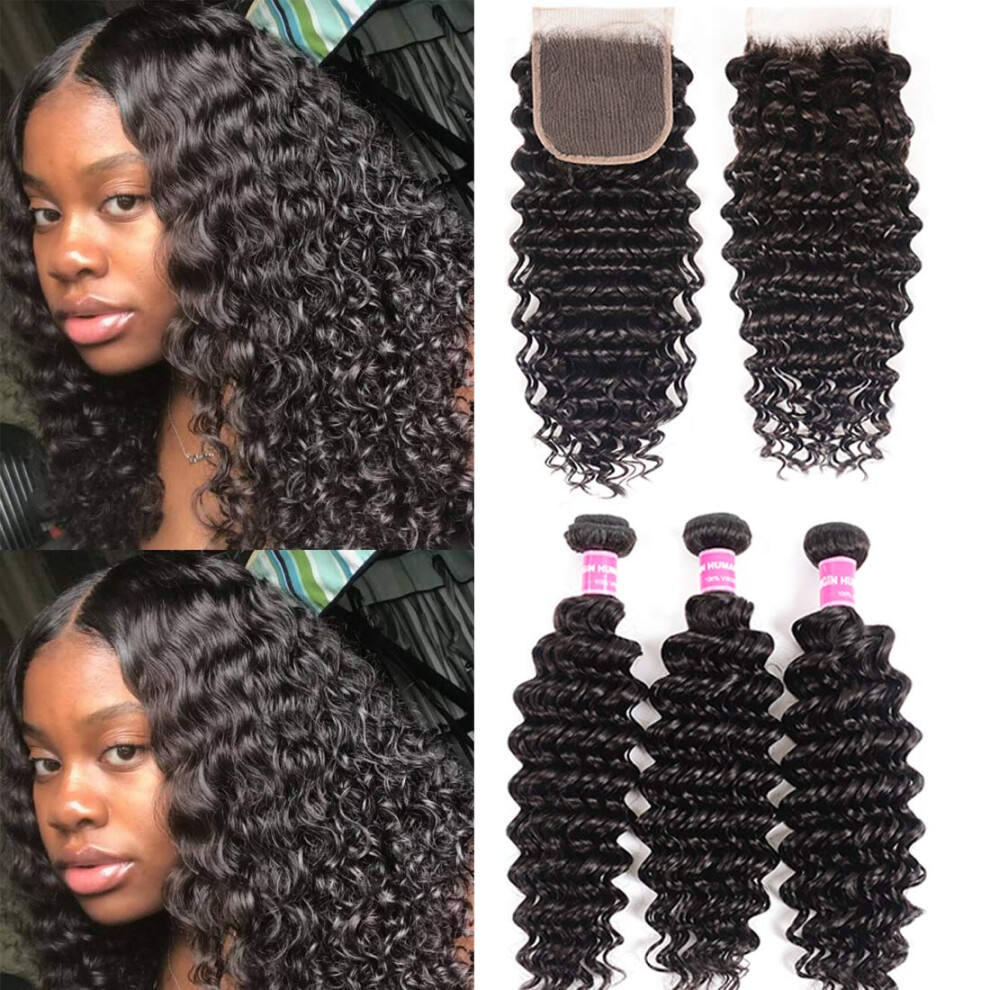 Unisex Black Malaysian Virgin Deep Wave Hair Bundles With Closure 100% Unprocessed Human Hair Extensions Natural