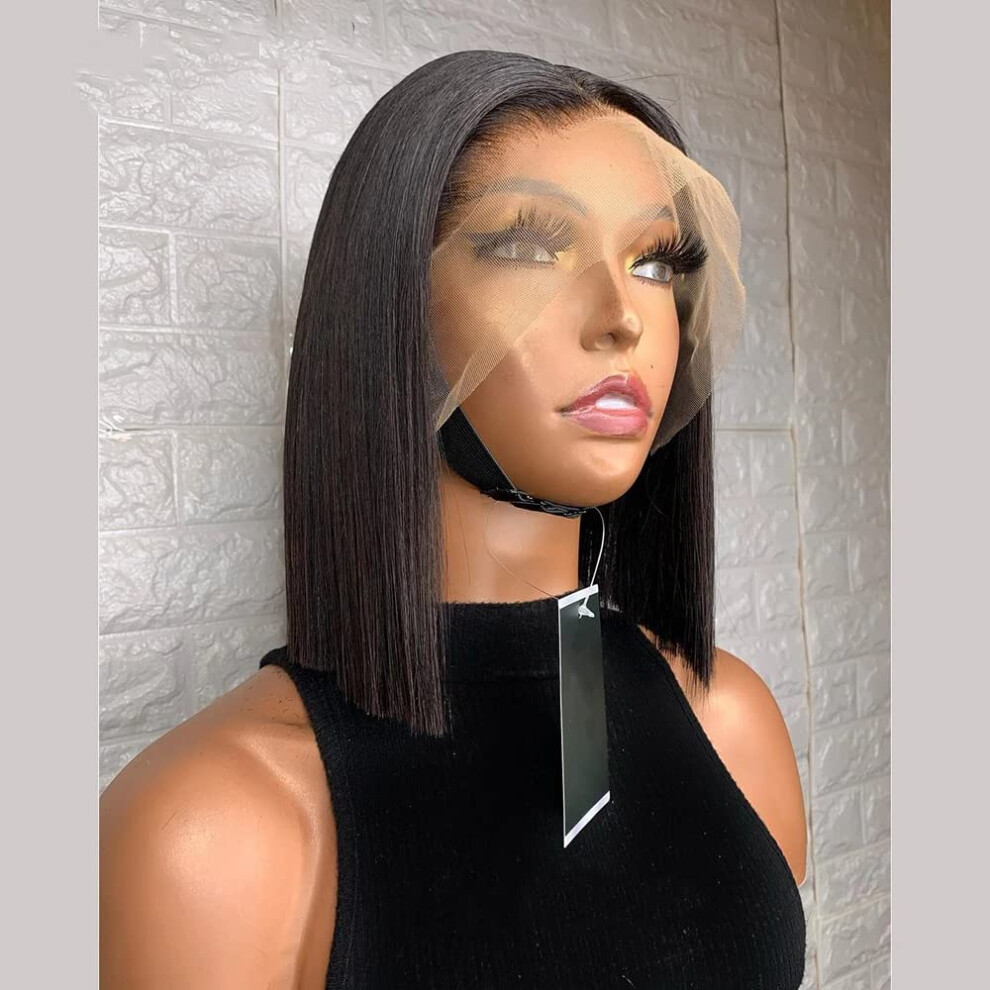 Unisex Black Brazilian Remy Human Hair Wig 8 Inch Glueless Lace Front Bob With Natural Hairline For Women