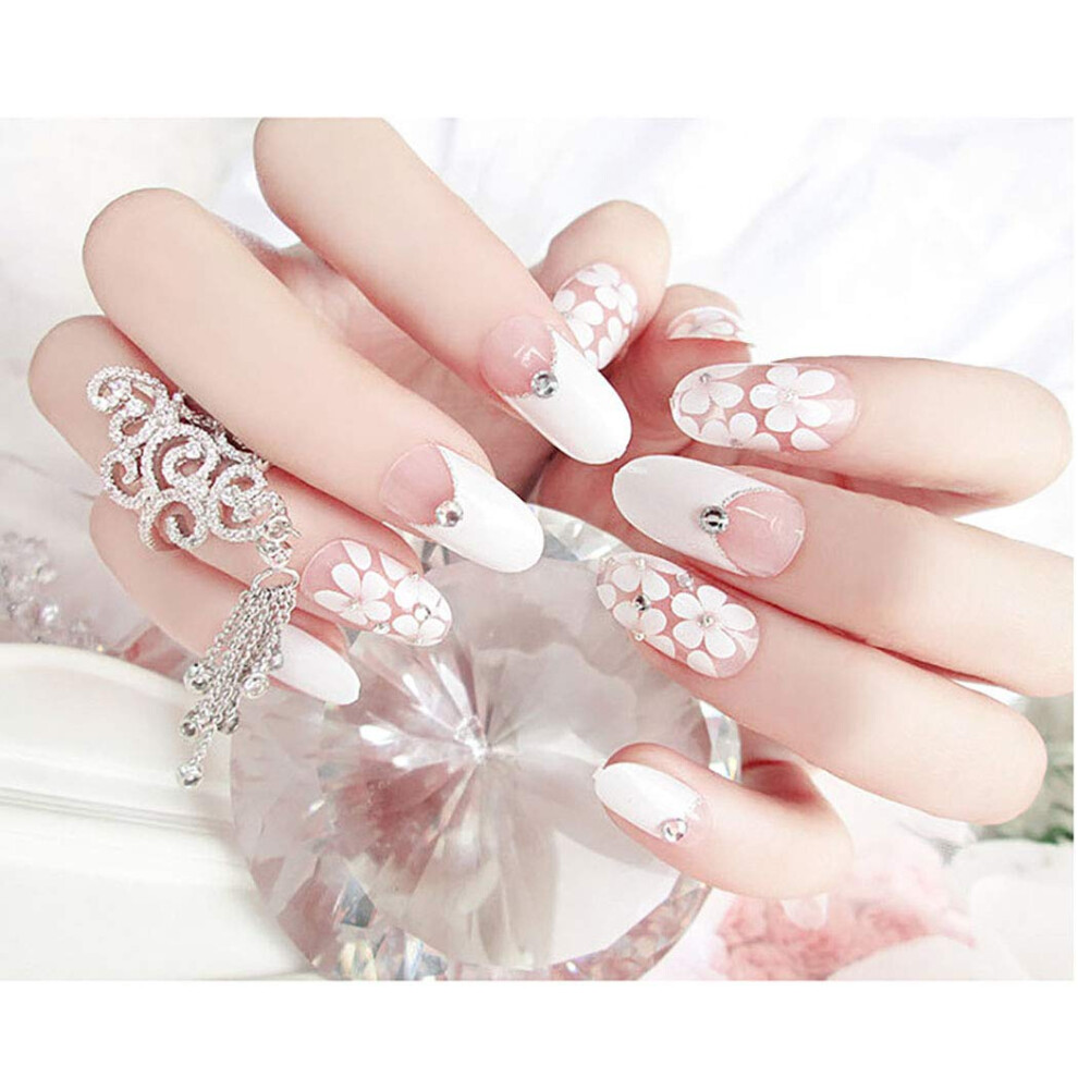 Press On Nails with Rhinestone Flower Tips Fake Nails for Wedding Party Acrylic Nail Set