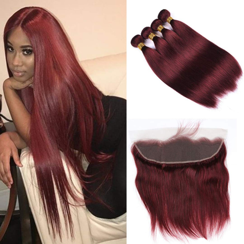 Unisex Red Brazilian Virgin Hair 99J Burgundy Straight Weave 4 Bundles With 13X4 Lace Frontal Human Hair Extensions (20 20 22 22 With 20F)