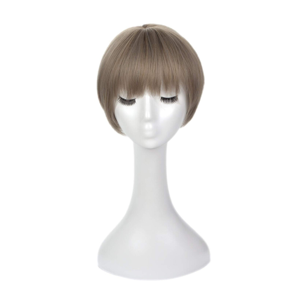 Unisex Brown Synthetic Flax Bob Wig With Bangs For Women Natural Look Fiber, Halloween Cosplay Style