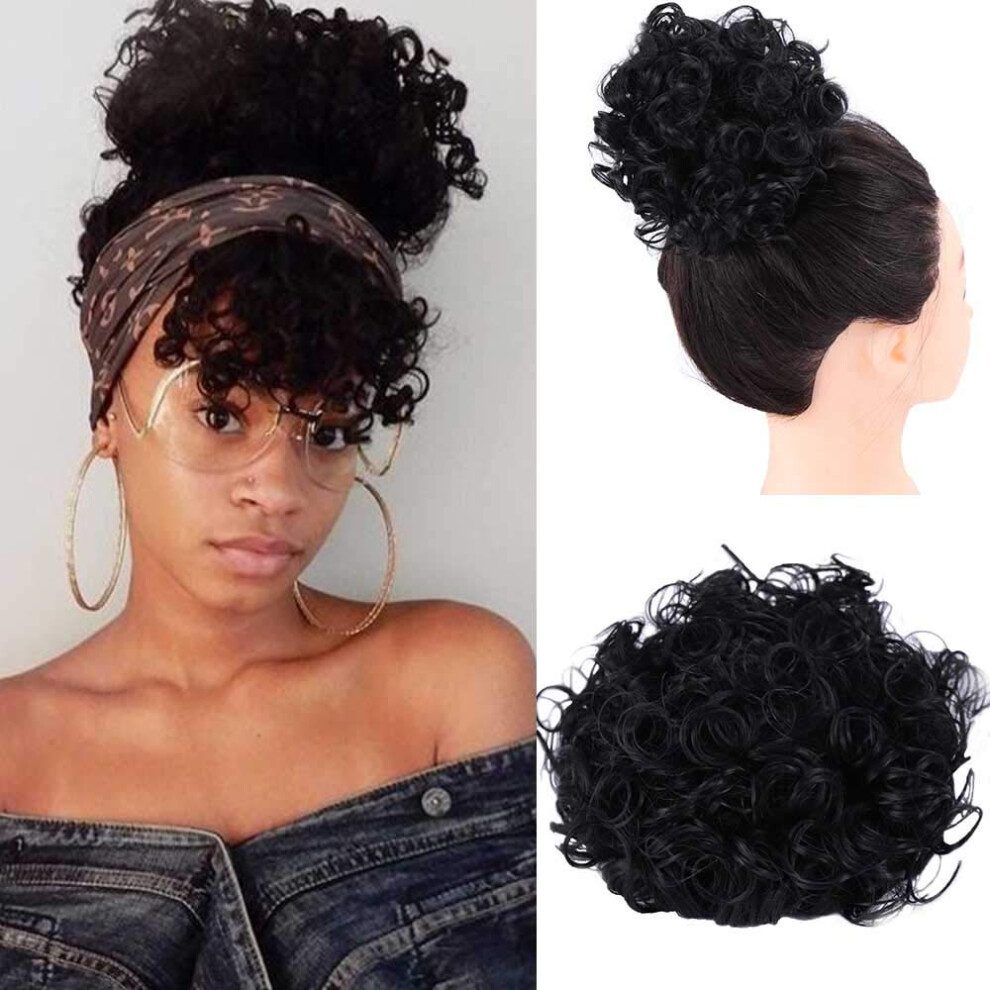 Unisex Black Afro Puff Drawstring Ponytail Kinky Curly Hair Extension For Women Synthetic Chignon Bun