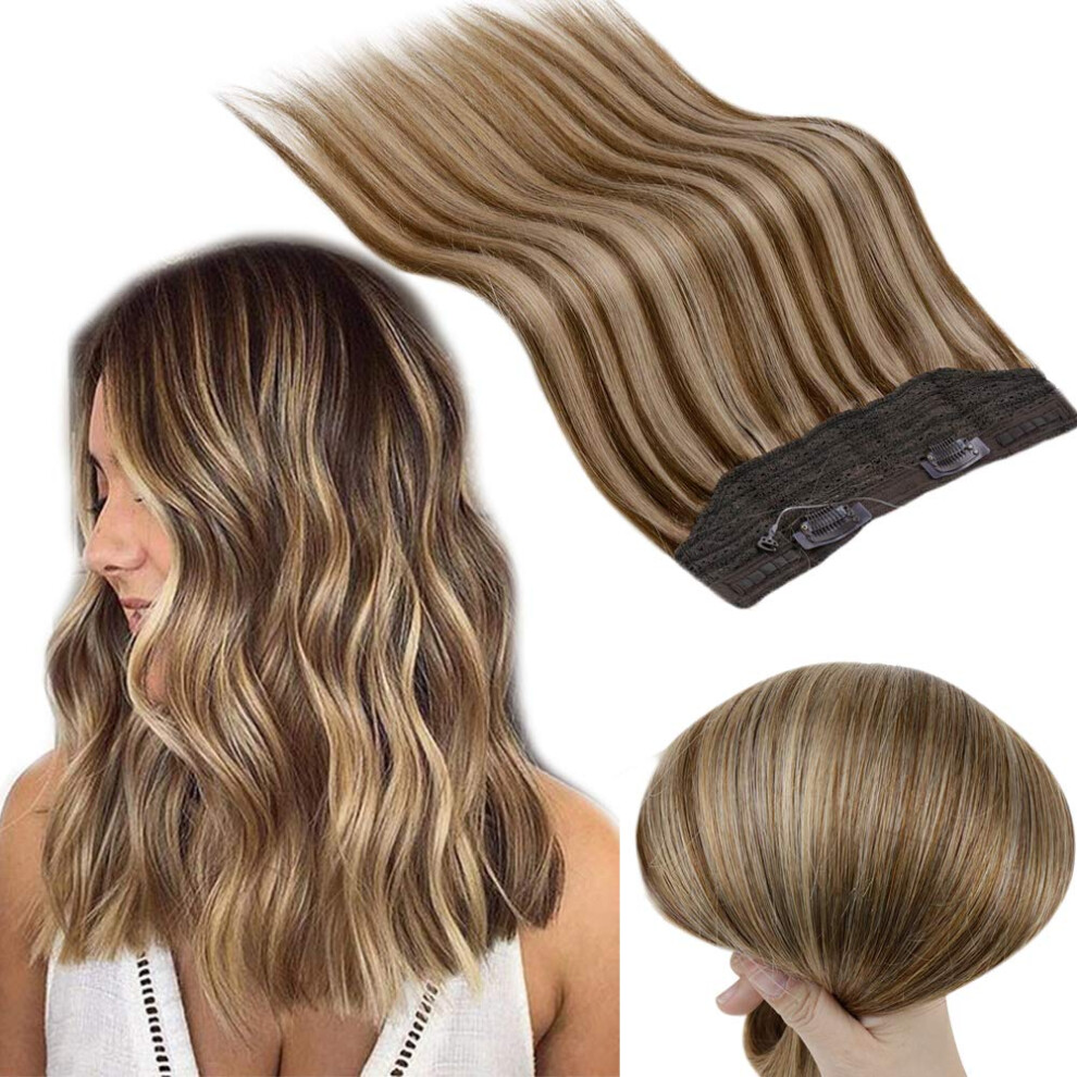 12 Inch Human Hair Halo Extension Chocolate Brown with Strawberry Blonde, Instant Length & Volume
