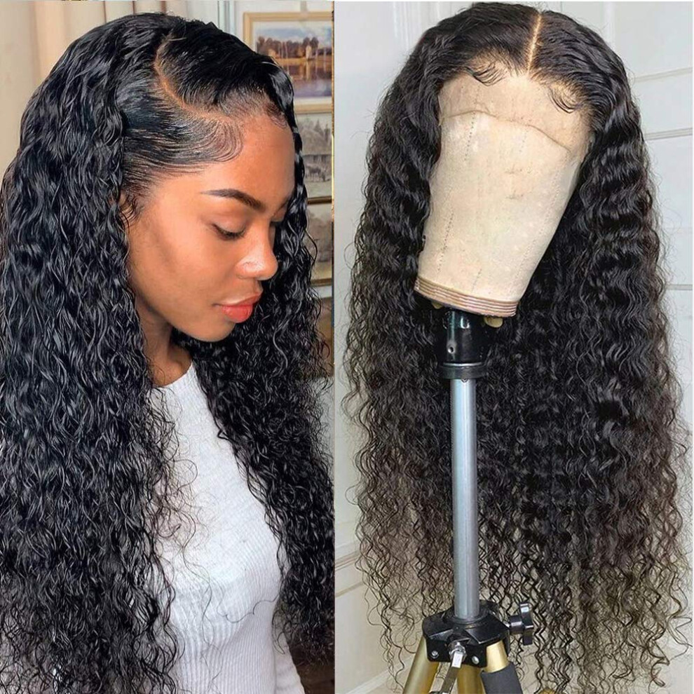 Human Hair Lace Front Wig 13x4 Brazilian Deep Wave Bob, Pre Plucked, Natural Black with Baby Hair