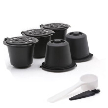 5 capsules réutilisables, filtre à café rechargeable, compatible avec les machines à café, avec cuillère à café et brosse.