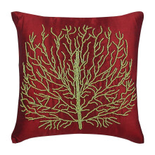 Rode, met kralen versierde kussenhoes met winterboommotief (50x50 cm), decoratieve sierkussenhoes voor de bank, bloemenprint - Boom van Vreugde