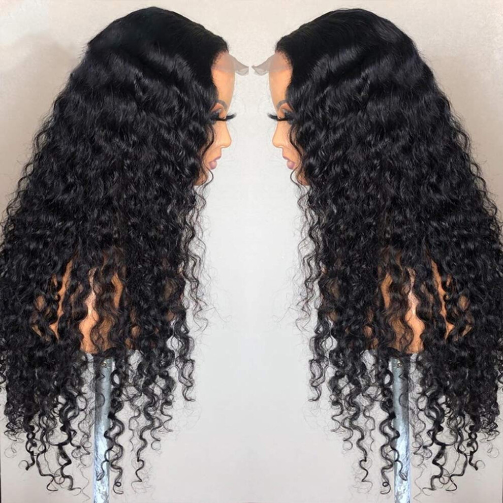 Unisex Black Kinky Curly Full Lace Human Hair Wig Pre Plucked Hairline Jet 20In 150% Density