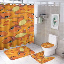 4dílná sada sprchového závěsu Charmander s protiskluzovými koberečky, krytem na toaletu a koupelnovou předložkou, koupelnová dekorace 72X72