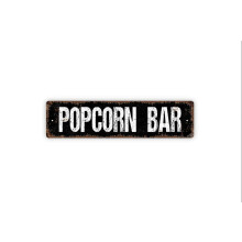 Popcorn-Bar-Schild, Küchen- und Vorratssnacks, Selbstbedienung, Süßigkeiten, Limonade, rustikales Straßenschild aus Metall oder Türschild,