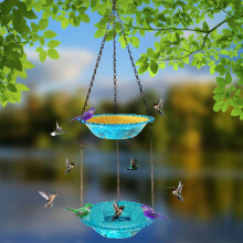 Bain et mangeoire à oiseaux suspendus en verre de 23,5 cm (9,25 pouces) pour l'extérieur, décoration de jardin, compatible avec les colibris