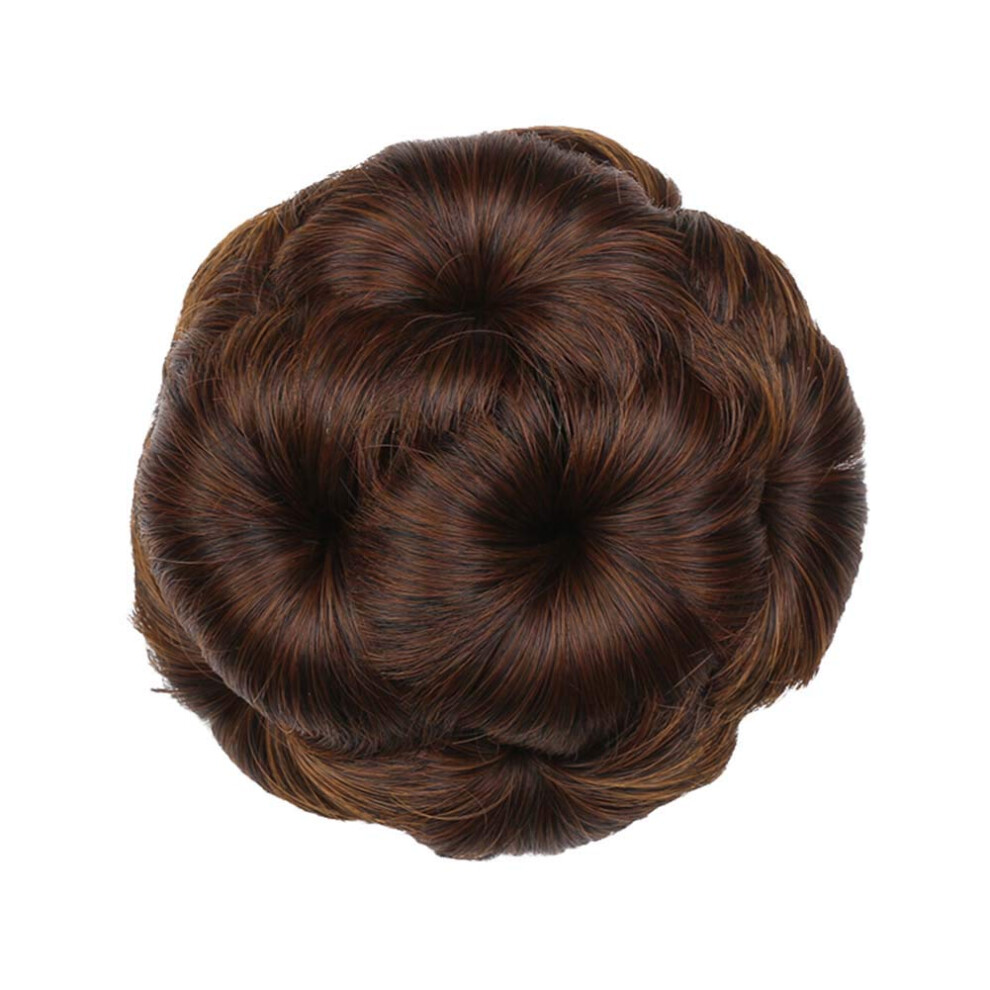 Unisex Brown Hair Bun Extension Light With Flowers, Synthetic Elastic Wavy Bridal Hairpiece For Women