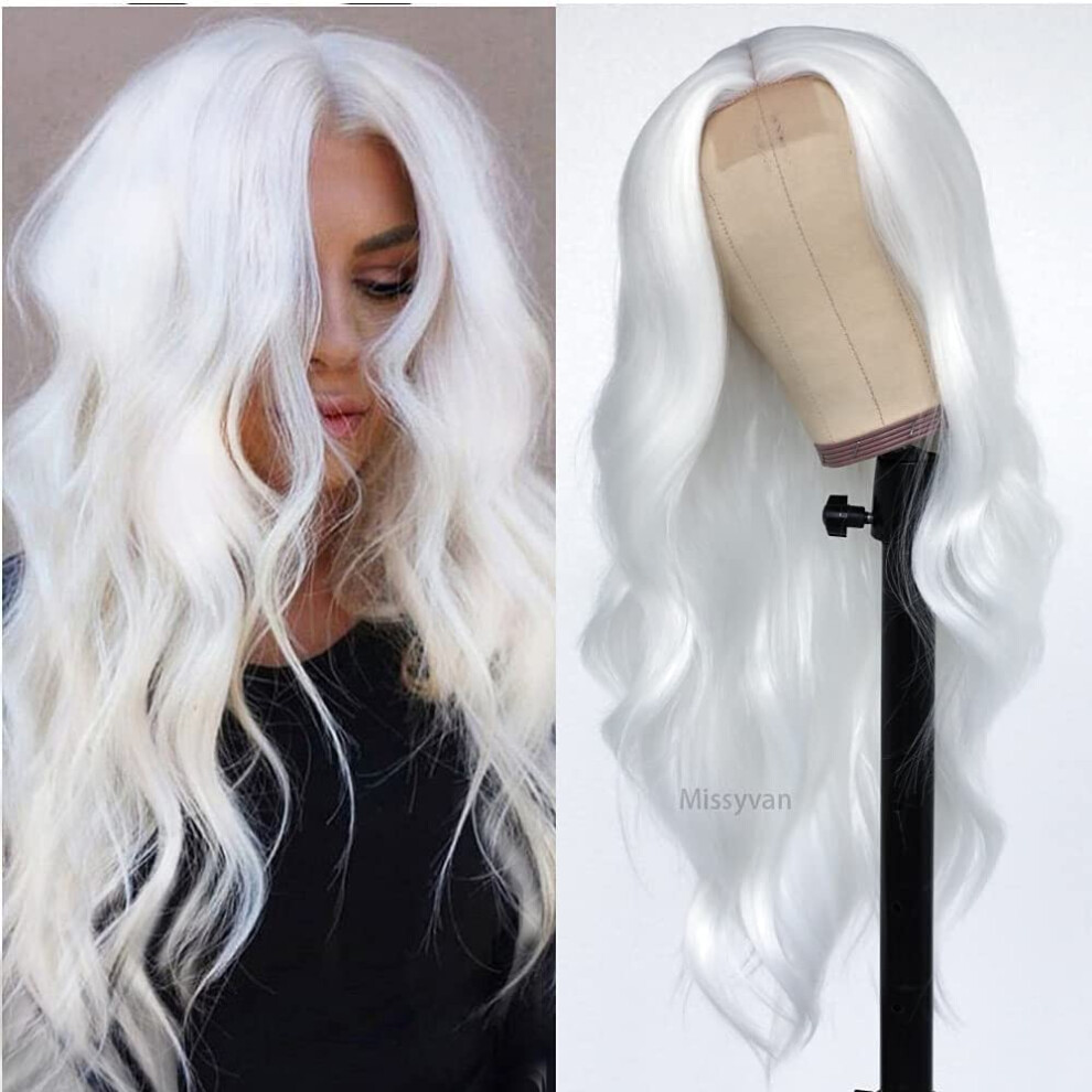 Unisex White Lace Front Wig 22 Inch Loose Wave Glueless Heat Resistant Synthetic With Natural Hairline