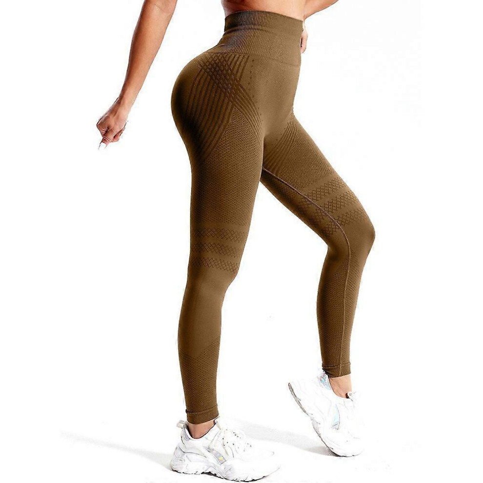 High Waist Tummy Control Butt Lifting Anti-cellulite 4-Way Stretch Breathable Brown XXL Sports Tights