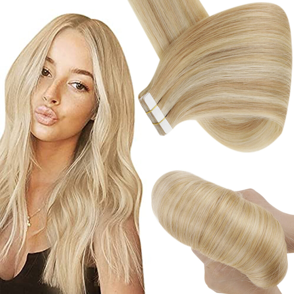 Unisex Golden Tape In Hair Extensions 18 Inch Invisible Seamless 100% Remy Human Hair Blonde 40Pcs 100G