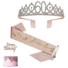 Set corona con tracolla per 60 compleanno, oro rosa con spilla di perle, tracolla regolabile da donna
