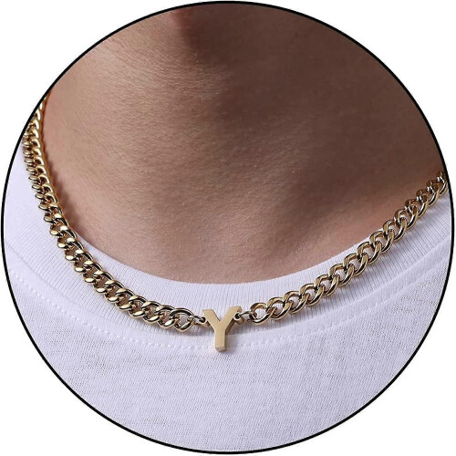 Colar Inicial Cuban Chain, 6,5mm 18+2 Polegadas Aço Inoxidável 316L (Ouro, Letra Y), Clássico e Durável