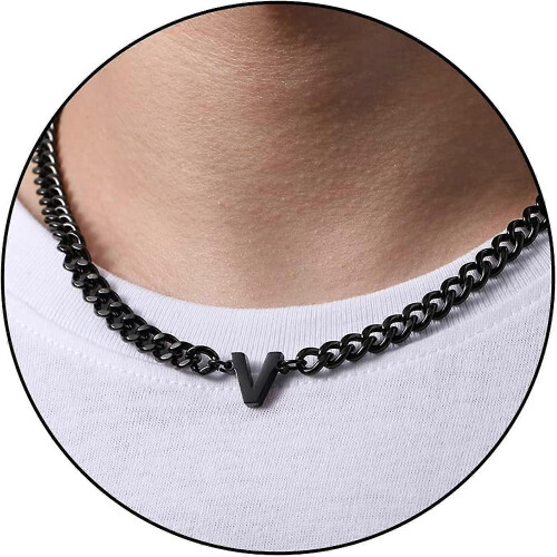 Colar de Letra Cuban Link 6,5mm 18+2 Polegadas Aço Inoxidável 316L Letra V Preto Clássico Simples Hipoalergênico