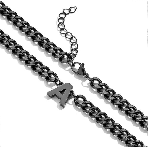 Colar de corrente Cuban Link com Letra, 6,5mm 18+2 Polegadas Aço Inoxidável 316L (Letra E Preta), Clássico e Durável Hipoalergênico 1