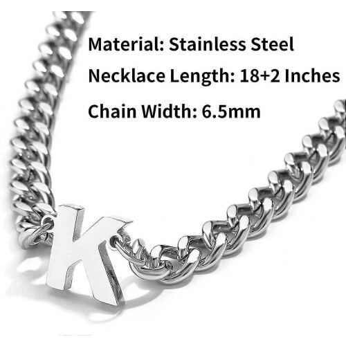 Colar de Letras Cuban Link, Pingente Q de Prata de 6,5mm, Aço Inoxidável 316L de 18+2 Polegadas 2