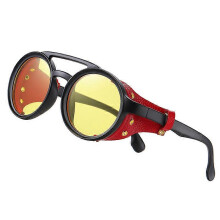 Occhiali da sole rotondi vintage Steampunk in materiale PC in pelle PU con doppio ponte, gialli, per feste all'aperto, viaggi e guida
