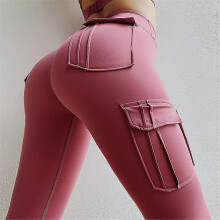 Pantaloni da yoga da donna a vita alta contenitivi per la pancia con quattro tasche, pantaloni sportivi traspiranti in nylon rosa SM
