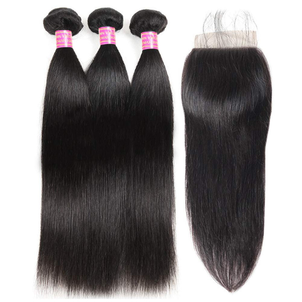Unisex Black Virgin Brazilian Straight Hair 3 Bundles With 4X4 Lace Closure Natural Unprocessed Weave