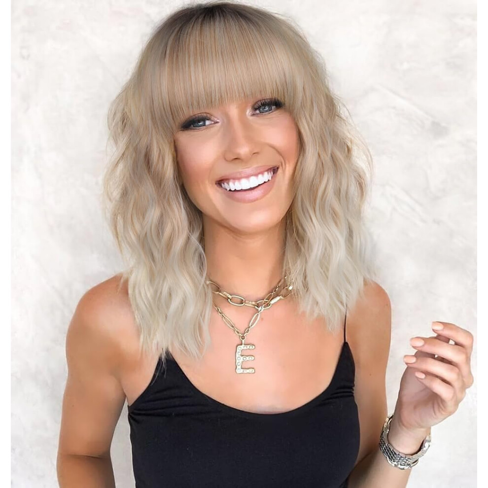 Unisex Synthetic Ombre Blonde Wavy Bob Wig With Bangs For Women, Heat Resistant And Adjustable Fit