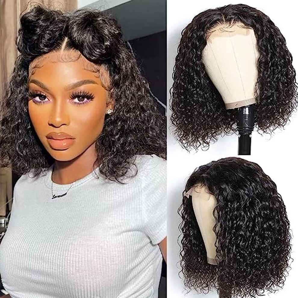 Unisex 13X6 Lace Front Curly Human Hair Wig Brazilian Virgin Short Preplucked Natural Hairline 8Inch