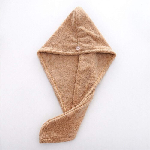 Microfiber Hair Towel Brown Quick Dry Super Absorbent Wrap with Secure Button Closure