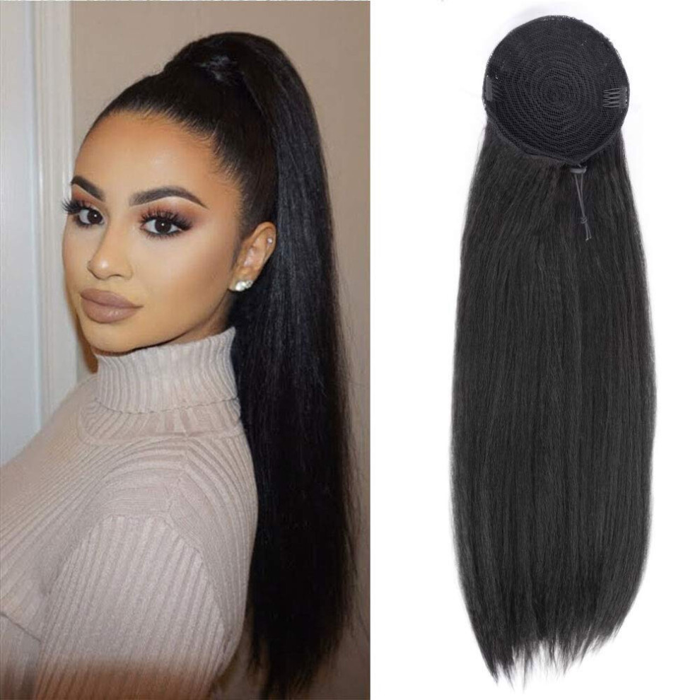 Unisex Black 24 Inch Kinky Straight Drawstring Ponytail Extension Long Yaki Straight Hairpiece For Women