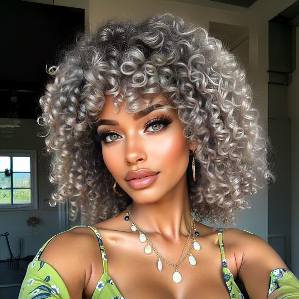 Unisex Silver,Grey 8 Inch Silver Grey Jamaican Bounce Crochet Hair Extensions, Prelooped Synthetic Ringlet Curls