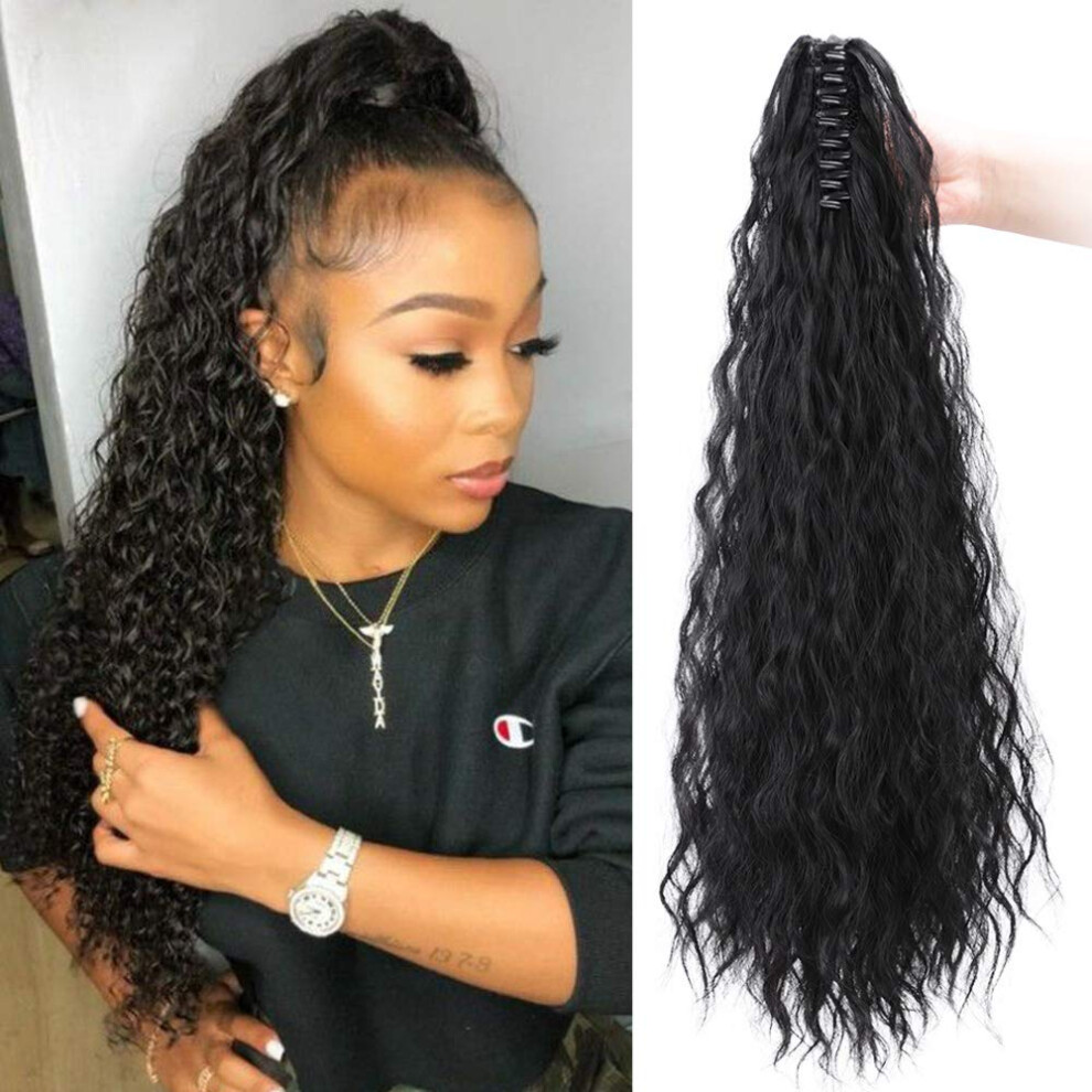 Ponytail Hair Extensions 22 Inch Synthetic Kinky Straight Black Clip On Hairpiece for Women