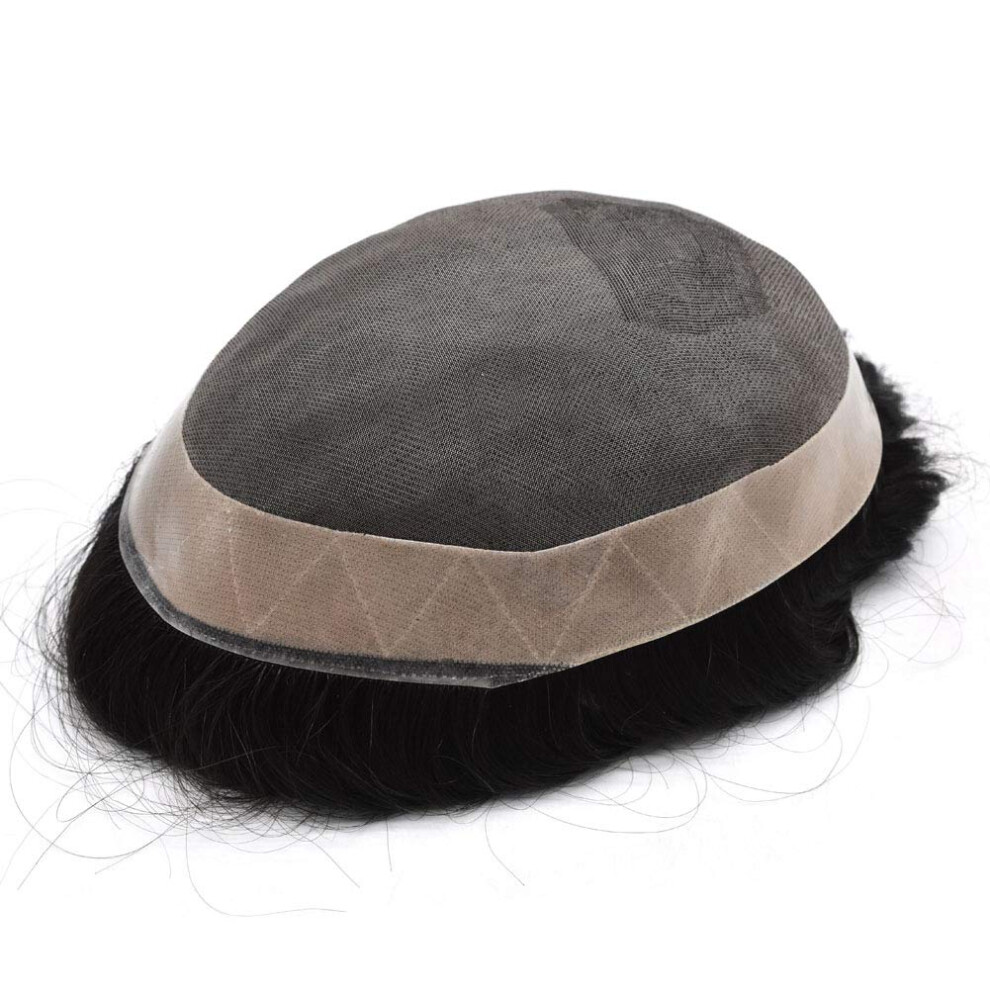 Unisex Black Fine Mono Mens Toupee Human Hair Hairpiece With Poly Perimeter, Natural Hairline, 6'X8' Off