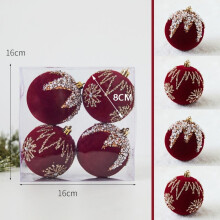 Lot de 4 boules de Noël floquées rouge vin (6/8 cm), à paillettes scintillantes, pour sapin de Noël. Combinaisons de styles variés.