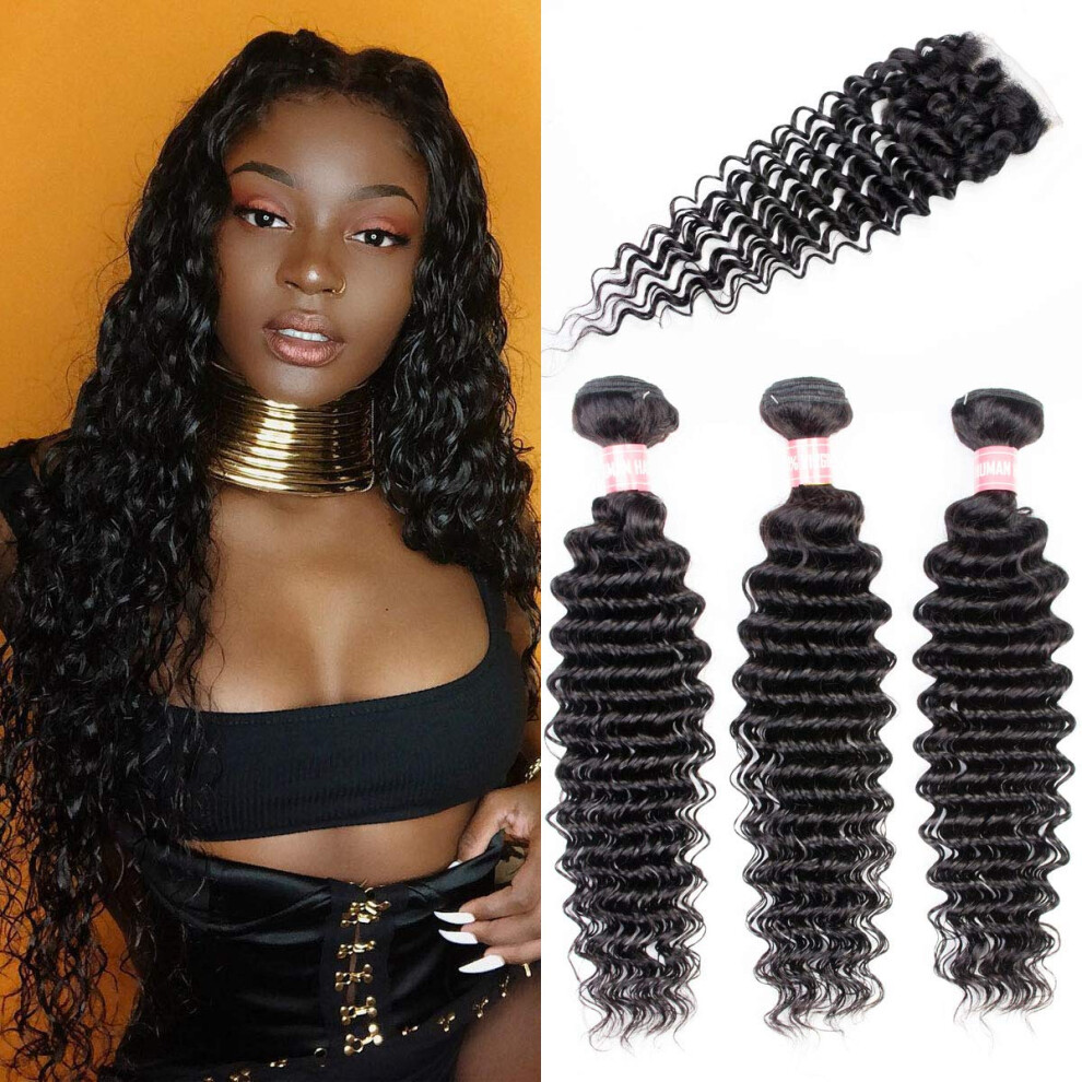 Virgin Brazilian Deep Wave Hair Bundles with 4x4 Lace Closure Wet and Wavy Human Hair Set 12 14 16 with 10