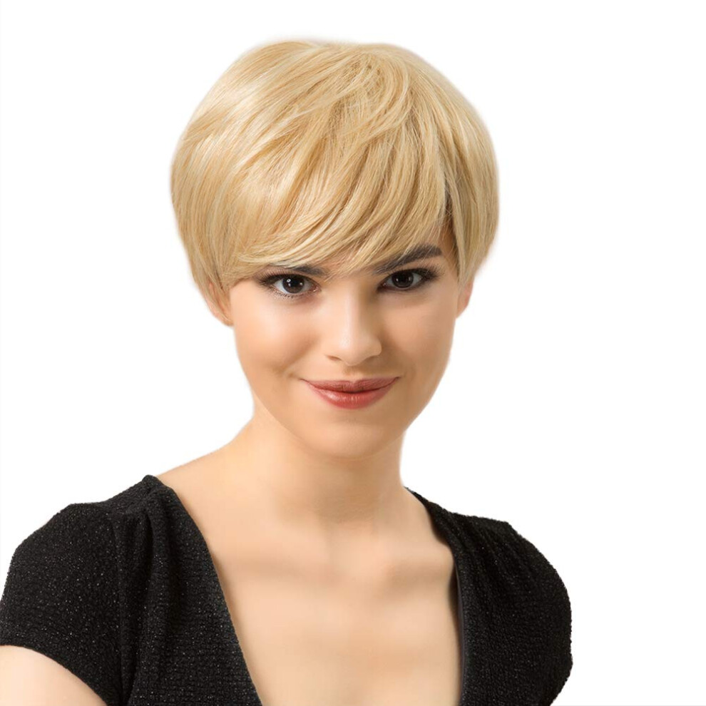 Unisex Short Blonde Pixie Cut Wig With Bangs Human Hair Blend Natural Texture Heatresistant For Women