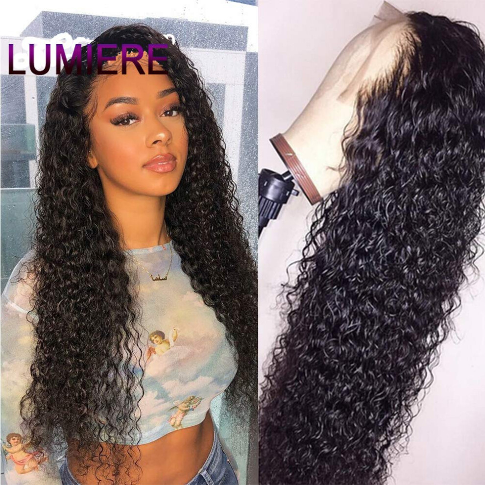 Unisex Black 16 Inch Brazilian Kinky Curly Human Hair Lace Front Wig Glueless 13X4 Preplucked Baby Hair 150% Density Natural Hairline