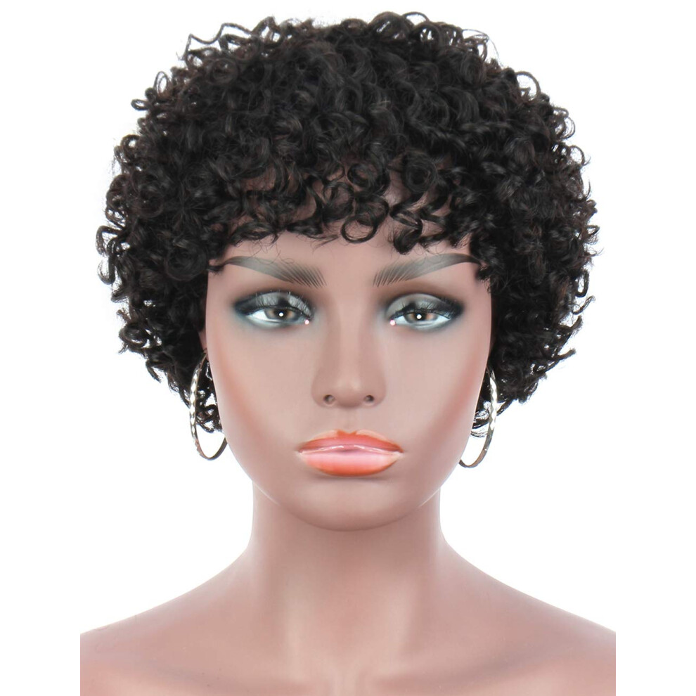 Unisex Black Short Afro Kinky Curly Human Hair Wig With Bangs, 8 Inch Brazilian Remy Bob For Women