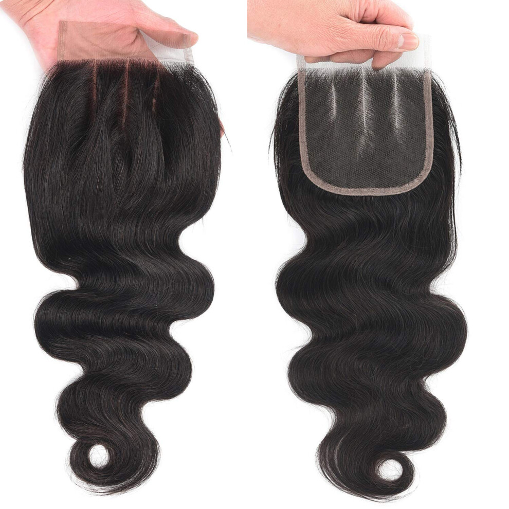 Human Hair Lace Closure 4x4 Swiss Lace Three Part Natural Black Brazilian Body Wave Wig 16 Inch