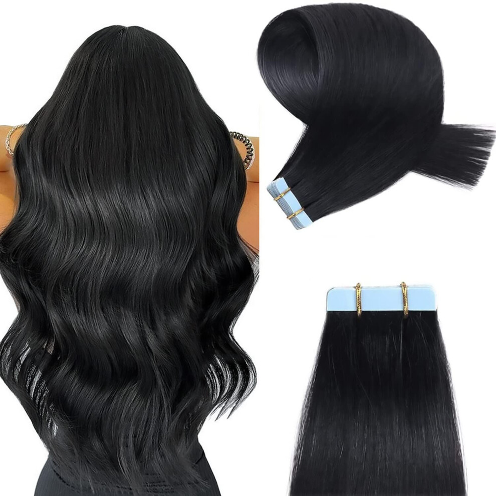 Unisex Black Tape In Hair Extensions Jet 12 Inch Remy Human Hair Seamless Skin Weft Invisible Tape 20Pcs