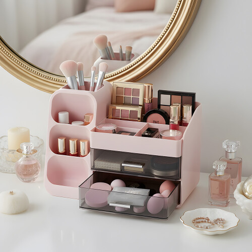Living And Home Modern Multi-Compartment Cosmetic Storage Organiser with Drawers, Pink