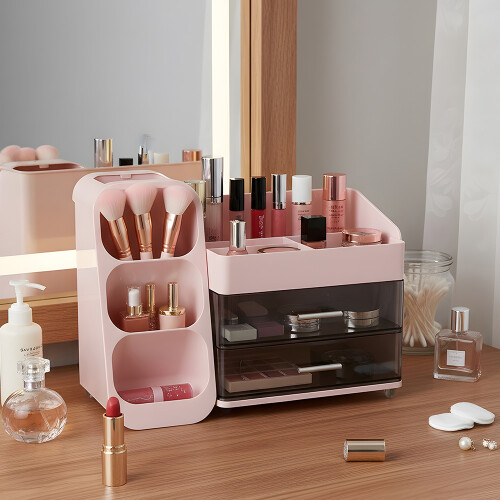 Living And Home Modern Multi-Compartment Cosmetic Storage Organiser with Drawers, Pink 1