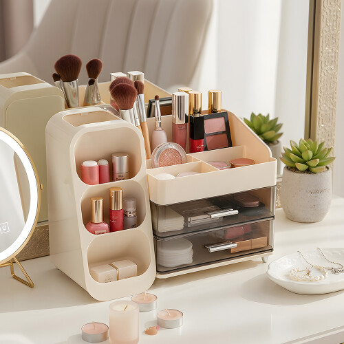 Living And Home Modern Multi-Compartment Cosmetic Storage Organiser with Drawers, Cream