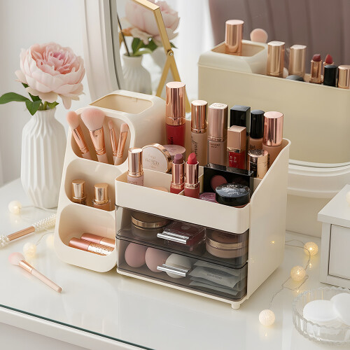 Living And Home Modern Multi-Compartment Cosmetic Storage Organiser with Drawers, Cream 1