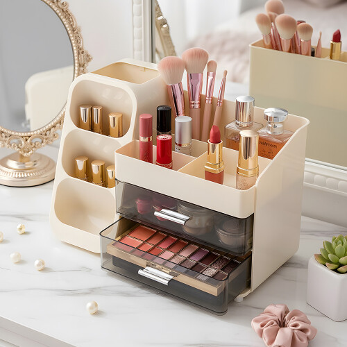 Living And Home Modern Multi-Compartment Cosmetic Storage Organiser with Drawers, Cream 2