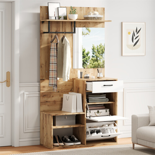 White 7-in-1 Entryway Hall Tree with Mirror &Bench 2